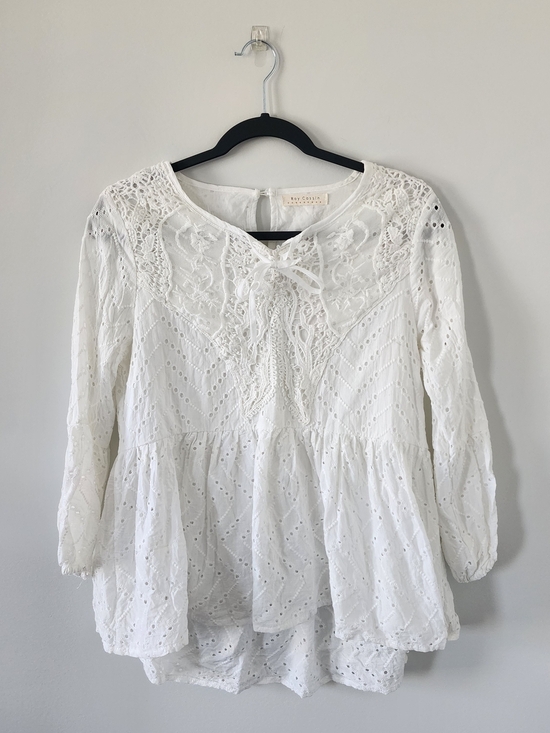 Ray Cassin Tops - Ray Cassin Small White Eyelet Lace Peasant Top with Tie Neck